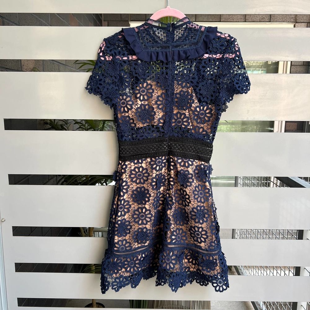 Self-Portrait Navy Floral Crochet Mini Dress with Black Waist Detail - Picture 4 of 14